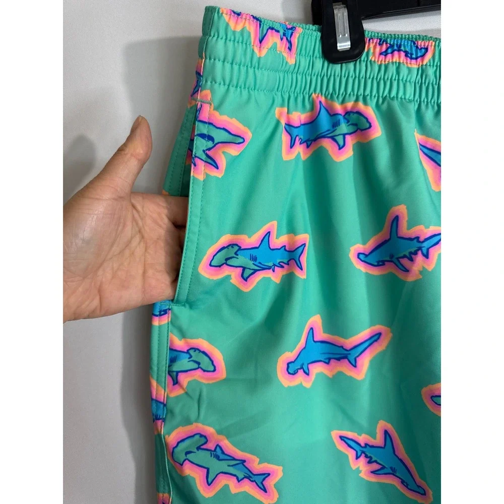 Chubbies Swim Trunks Teal Blue Pink Shark Print Drawstring Pockets Mens XXL NWOT